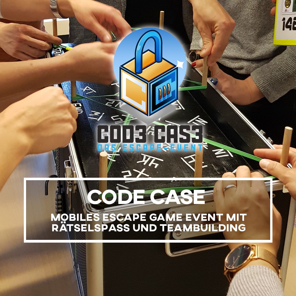 Teamevents, Teambuilding, Location, Dinnershow (Quadrat-Button) Code-Case das Escape-Event